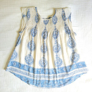 BELL Alicia Bell Sz M Blue White Top Boho Blouse Floral Cotton Silk Sequin Flowy